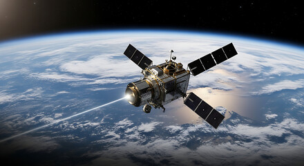 Fototapeta premium Satellite orbiting Earth with solar panels and space environment 