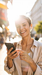 Optimistic young woman smiling outside in the city holding a smartphone with headphones 