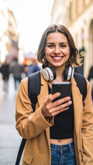 Joyful young woman using smartphone on city street with headphones 