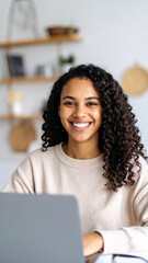 Happy young woman using laptop sitting at desk writing notes while watching webinar, studying online, looking at pc screen learning web classes or having virtual call meeting remote working from home.