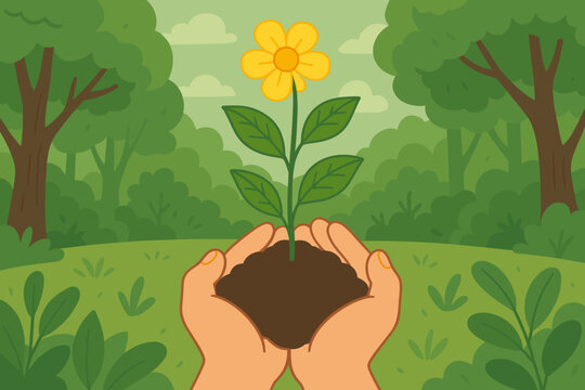 Nurturing nature concept with hands holding a growing plant. Environmental care, conservation, ecology, sustainability, and gardening. New life, hope, Earth Day vector illustration.
