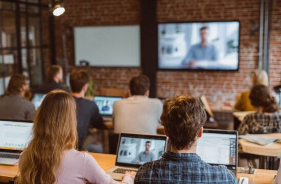 A room of people sit at tables with laptops watching a presentation on a large screen at the front of the room