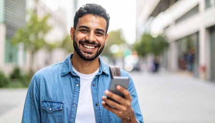 Confident man holding smartphone and looking at camera outdoors – modern lifestyle and mobile technology concept

