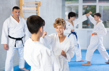 Fototapeta premium Two boys in kimono working in pair, mastering new karate moves in class at modern sports studio