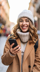 Smiling woman looking at camera while holding smartphone outdoors in winter city – urban lifestyle, communication, and technology in cold weather

