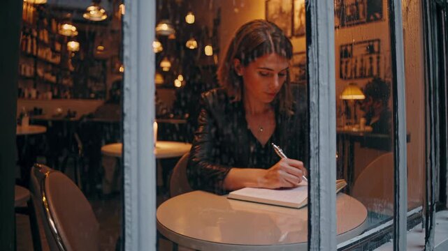 Cozy cafe interior provides warm lighting and atmosphere for a young woman focused on writing in her notebook, oblivious to the rain outside