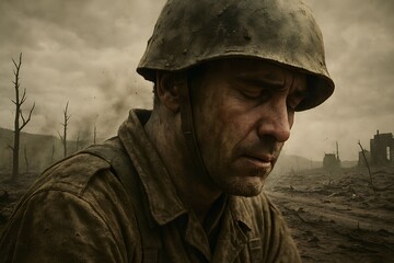 Obraz premium Soldier in Despair Amidst War-Torn Landscape with Dramatic Sky