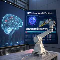 Futuristic AI Brain with Robotic Arm and Blockchain Data Interface – 3D Render