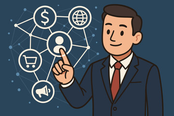 Businessman managing Customer Relationship Management (CRM) platform. Man pointing at a user icon on a digital interface with a network of marketing, finance, e-commerce, global icons.
