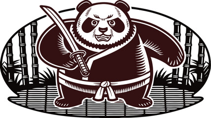 A bold, minimalist vector logo of a warrior panda gripping a sword