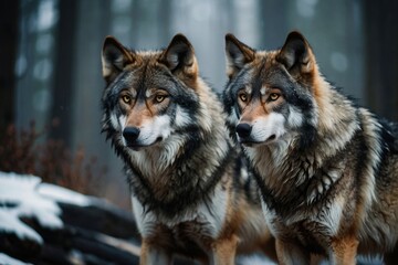Fototapeta premium Two Wolves Standing Alert in a Snowy Winter Forest Environment