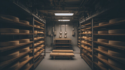Obraz premium Aging Wheels of Artisan Cheese in a Professional Cheese Cave