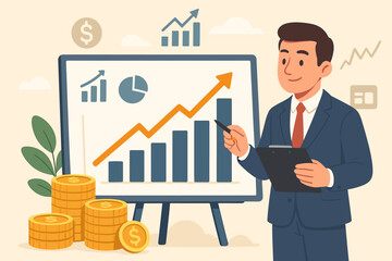 Business growth and financial analysis concept. Businessman giving a presentation with a rising arrow graph on a whiteboard. Investment strategy for profit, success, and market data.