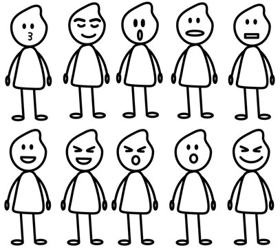 Stick Figure Character Emotions &ndash; Expressive Facial Reactions in Cartoon Style.  Perfect for educational materials, emotion charts, comics, and mental health content