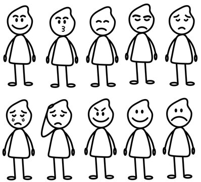 Stick Figure Faces Showing Various Emotions and Expressions &ndash; Cartoon Character Set. Perfect for educational materials, emotion charts, comics, and mental health content