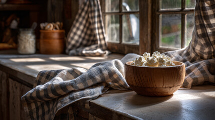 Rustic Kitchen Counter with Bowl of Fresh Cottage Cheese
