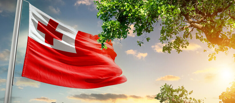 Tonga national flag waving in the sky behind the tree. The flag blow in beautiful sunlight. Tonga national flag for independence day.