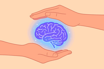 Mental health care concept. Hands protecting a glowing brain. Psychology, neuroscience, therapy, and wellness metaphor. Emotional intelligence, memory support, mind protection.