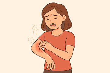 Woman scratching an itchy arm with a red rash. Allergic reaction and skin irritation concept. Eczema or dermatitis symptom. Dermatology health problem. Uncomfortable person.
