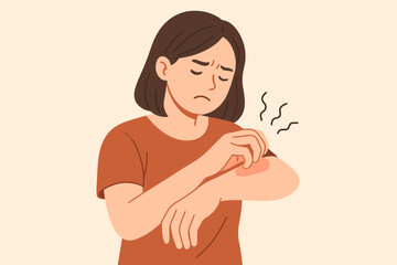 Young woman scratching an itchy red rash on her arm. Concept for skin allergy, atopic dermatitis, eczema, or psoriasis. Medical and dermatology vector illustration of skin problems.