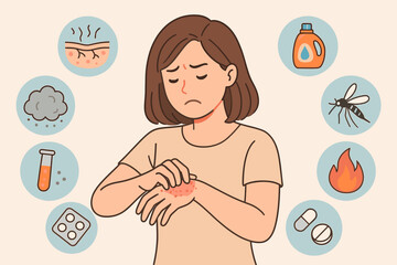 Woman scratching an itchy hand rash. Concept of skin allergy, dermatitis, and eczema. Medical illustration with icons of causes like chemicals, pollution, insect bites, and medicine.