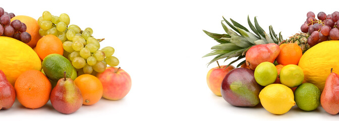 ripe fruits isolated on white background. Collage. Free space for text. Wide photo.