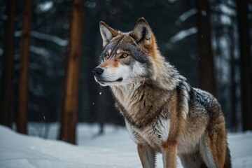 Obraz premium Majestic Wolf Portrait in Snowy Winter Forest Environment
