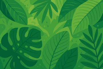 Lush green jungle background with tropical leaves. Stylized vector illustration of exotic foliage, monstera and palm. Abstract botanical nature pattern for summer design.