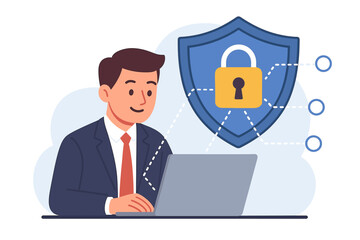 Cybersecurity concept for network and data protection. Businessman at laptop with security shield and padlock. Internet safety, online privacy, secure system, antivirus software.