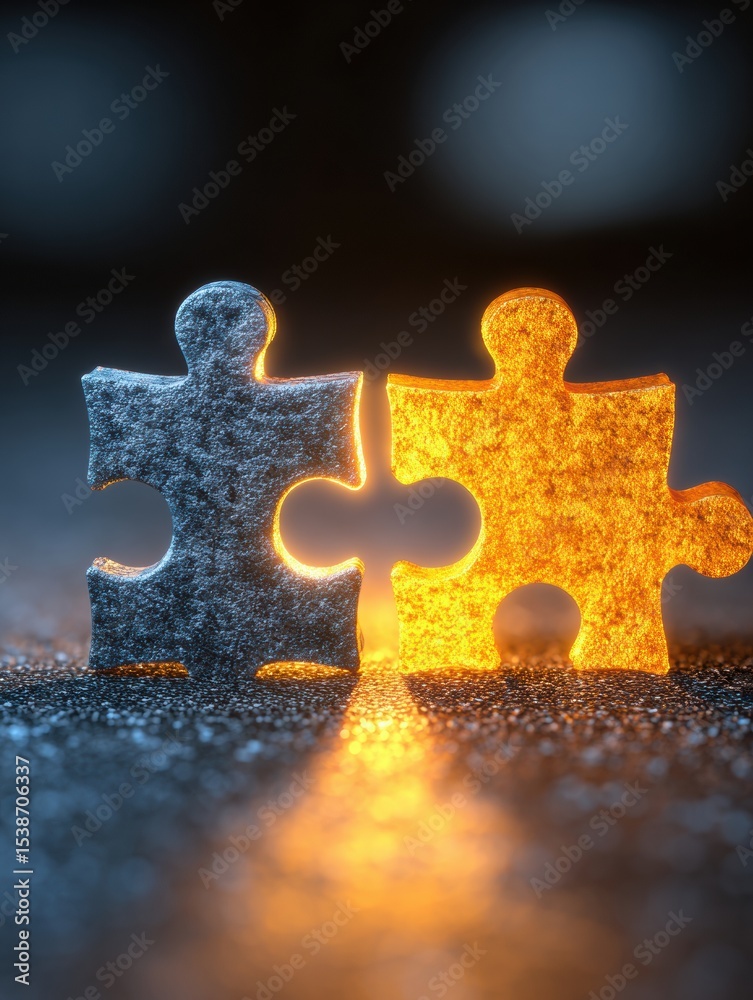 Poster Two Glowing Puzzle Pieces Connect in the Dark, Symbolizing Unity and Collaboration