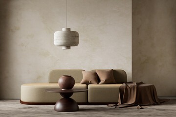 Earthy and textured minimalist living room design. 3D illustration