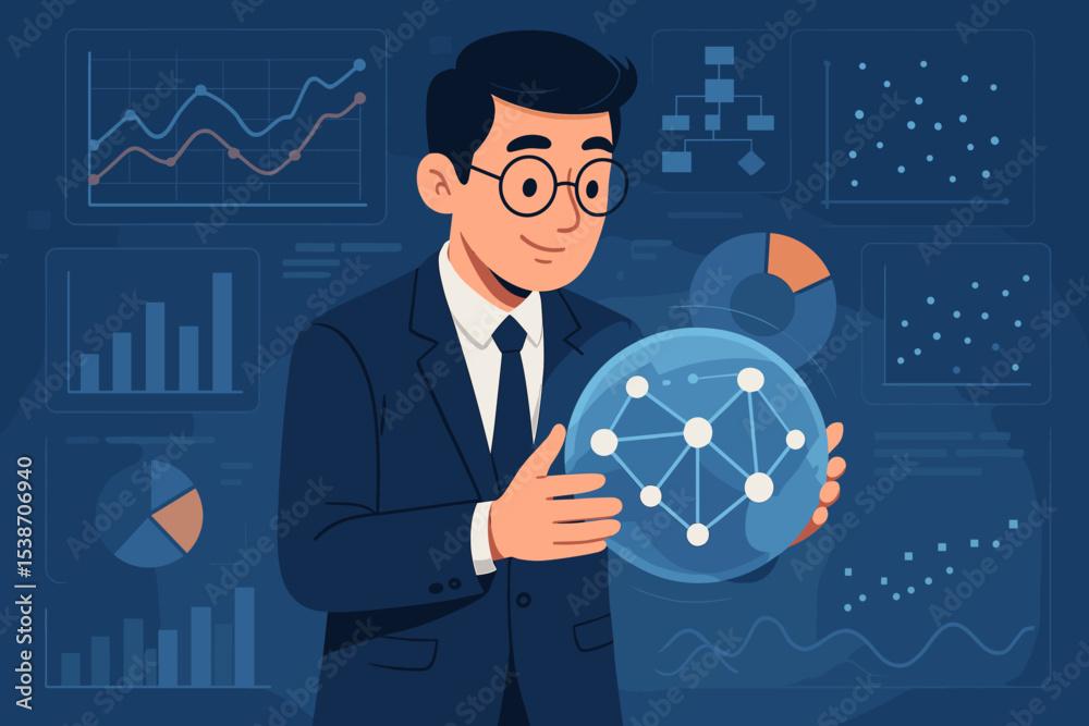 Poster data science and analytics expert holding a network sphere. business intelligence concept with a man