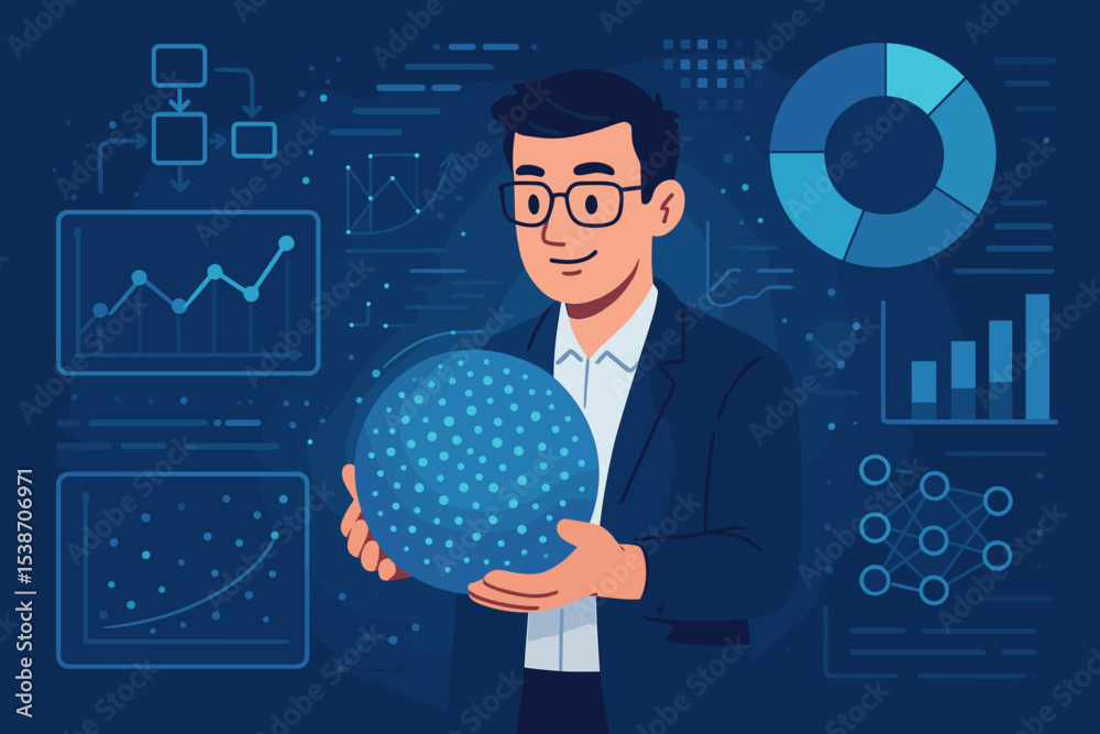 Poster data science and analytics concept. businessman or analyst holding a digital data sphere. background