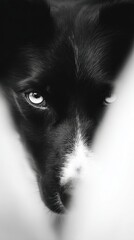 Intense Gaze of a Black and White Dog in Monochrome Photography