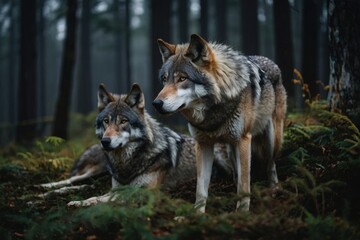 Fototapeta premium Two Wolves Observe from a Shaded Woodland Habitat with a Dense Forest Background