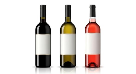Three wine bottles with blank labels isolated on white background