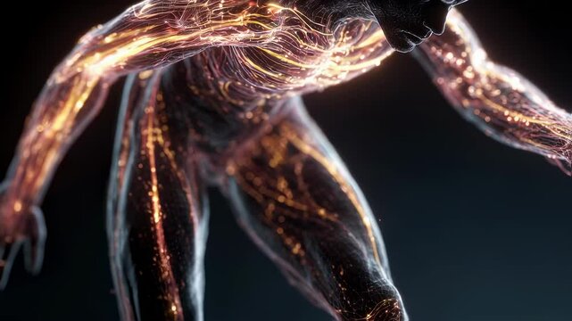 Visualization of an athlete's muscular system highlights glowing energy pathways, showcasing peak physical condition and athletic performance