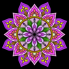 mandala flower pattern, purple, green color, Vintage decorative elements. Oriental pattern, vector illustration. Islam, Arabic, Indian, Moroccan, Spain, Turkish, Pakistan, Chinese, mystic, ottoman 