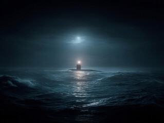 Submarine emerging from dark ocean