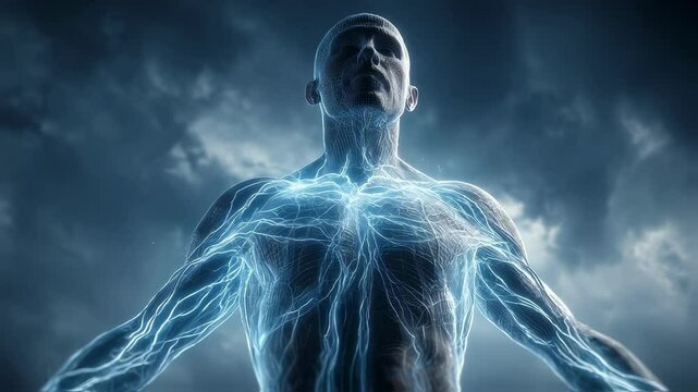 Luminous fascia network radiating energy across muscular male torso, tightening against brooding stormy sky backdrop, revealing intricate biological dynamics