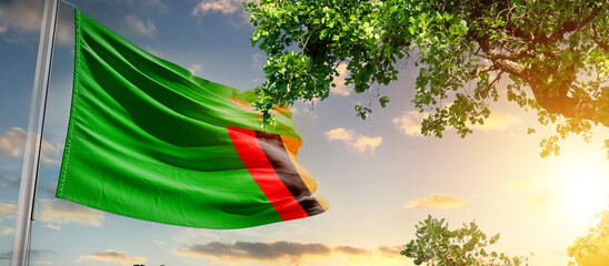 Zambia national flag waving in the sky behind the tree. The flag blow in beautiful sunlight. Zambia...