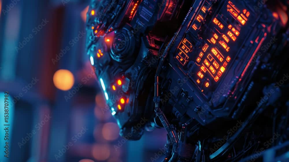 Poster a close-up view of a machine with bright red lights, ideal for use in technology and industry relate