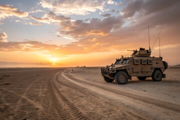 Fototapeta premium Military Vehicle Parked on a Desert Road During a Vibrant Sunset With Clouds