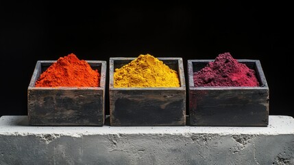 Vibrant Hues of Spices Turmeric, Paprika, and Beetroot Powder in Dark Wooden Boxes
