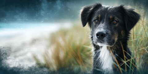A close-up of a curious black and white dog with a lush background near the beach at sunset