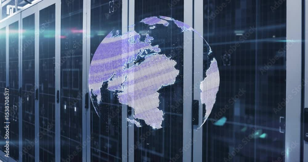 Poster On startup digital globe fragment forming then rotating while scanning global data in server aisle