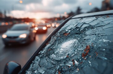 Car windshield is shattered with cracked glass while cars drive by with blurred lights in the background