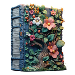 A book with a tree and flowers on it. The book is made of clay and has a blue cover