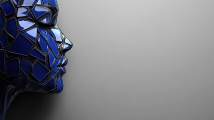 Closeup of Fragmented Blue Female Face on Neutral Background