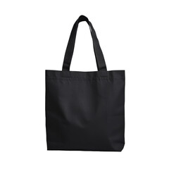 A black bag with a white handle. The bag is made of a black material and is sitting on a white surface
